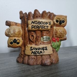 Vintage Handpainted Ceramic Owl Coin Bank Nobody's Perfect Savings Help! Enesco